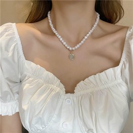 Xduargs Boho Pearl Choker Necklace Vintage Imitation Pearl Necklace Choker Gold Moonstone Birthstone Necklace Chain Opal Moonstone Pendant Necklace Jewelry for Women
