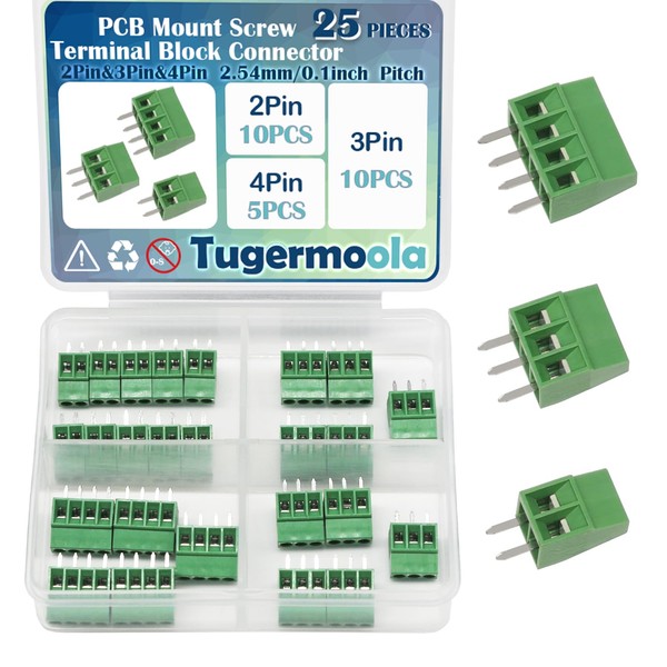 Tugermoola 25PCS 2.54mm/0.1inch Pitch PCB Mount Screw Terminal Block Connector