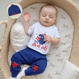 DSOKUHIB My 1st 4th of July Baby Boy Outfit Short Sleeve Dinosaur Romper Stars Pants Hat Set Newborn Fourth of July Clothes (Blue, 3-6 Months)