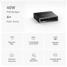 TP-Link MERCUSYS MS106LP PoE+ Switch 6 Ports with 4 PoE+, 30 W for PoE Port, 40 W on All Ports, 802.3af/at, 2 Uplink Ports for Internet and NVR, Metal Housing, Ethernet Splitter, Plug & Play