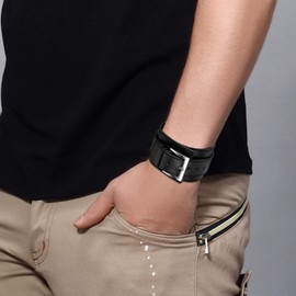 JewelryWe Fashion Accessory Jewelry Men's Bracelet, Wide Wide Gothic Punk Style Lock Bangle, Leather, Genuine Leather, Alloy, Color: Black ;[ Gift Bag And]