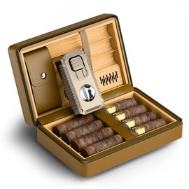 BASNLIFE Leather Cigar Humidor Case, Cedar Wood Lined Travel Humidor with 5-in-1 Cigar Lighter, Built-in V Cutter, Cigar Holder & Humidifier, Ideal Cigar Accessories Set for Men (Brown)