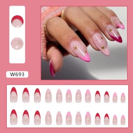 Gold Star Press on Nails Long Almond Fake Nails Kit,Multicolor French Tip False Nails Design,Acrylic Artificial Nail for Women DIY Charm Manicure,Reusable Full Cover Stick on Nails Glue on Nails