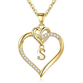 TINGN Heart Initial Necklaces for Women Girls, Heart Initial S Pendant Necklace Dainty Heart Necklaces 14K Gold Plated Heart Necklaces for Girlfriend Jewelry for Women Teen Girls Gifts