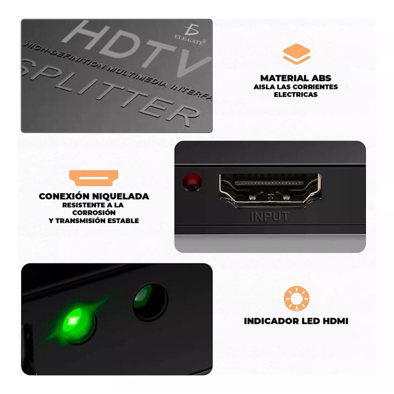 Ele-Gate Divisor De Señal Hdmi Splitter Hdtv 2 Salidas (1x2)
