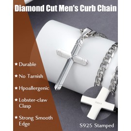 FIOROYAL 925 Sterling Silver Cross Necklace for Men Women, 5MM Durable Stainless Steel Diamond Cut Cuban Link Curb Chain with Silver Cross Pendant, Mens Cross Crucifix Necklaces Jewelry 16-30Inches/28