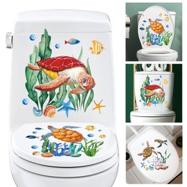 3pcs Cartoon Ocean Animals Toilet Seat Lid Stickers Watercolor Self-Adhesive Turtles Mermaids Seaweed Coral Fish Toilet Cover Decals Under The Sea View Decor for Bathroom Wall Bathtubs Glass Door (A)