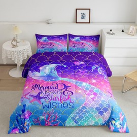 Erosebridal Girls Comforter Set King Size,Kawaii Mermaid Tail Bedding Set for Kids Women,Gold Stars Rainbow Fish Scale Quilt Set,Watercolor Rainbow Neon Ombre Down Comforter with 2 Pillowcases