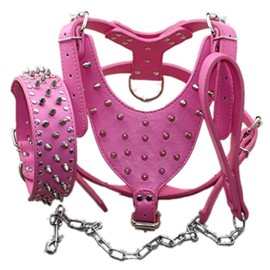 Serijoars Leather Spiked Dog Harness and Collar Set - Suitable for Large Breeds Pit Bull Terriers, Labradors, Dobermans - Durable Leather Harness and Collar Leash 3Pcs Set (Studs Hot Pink, M)