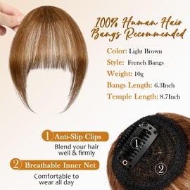 Wodelanle Bangs Hair Clip in Bangs Real Human Hair Clip on Wispy Bangs Fringe with Temples Hairpieces Fake Front Bangs Extensions for Women Light Brown