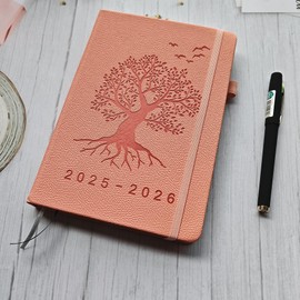 Academic Diary 2025-2026 A5 Day Per Page, 12 Months Diary 2025-2026 From Jul 2025 to Jun 2026, Tree of Life Design,Productivity A5 Daily Planner with Monthly Tabs Pen Loop and Inner Pocket (Pink)