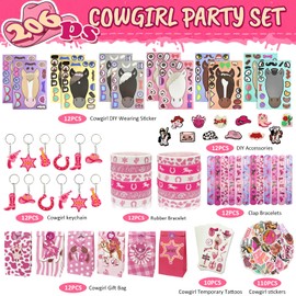 GUDELAK 206 PCS Cowgirl Party Favors, Horse Party Favors Cowgirl Stickers Temporary Tattoos Clap Bracelets DIY Horse Stickers Stuffers-Gift Bags key Chains Cowgirl Birthday Party Decorations