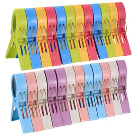Pack of 24 Large Plastic Pegs, Clothes Pegs, Windproof Towel Clips for Beach Loungers, Beach Towel Clips for Laundry, Beach Towel, Bath Towel, Rug - 8 Colours