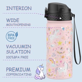 GOPPUS Kids Water Bottle (Straw Lid) - 18 Oz Stainless Steel Travel Bottle, Double Wall Vacuum Leak Proof Kids Cup for School Boys Girls,Unicorn Fields