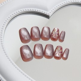 Cat Eye Press on Nails Short Square, JNRNALI Short Fake Nails Full Cover Glue on Nails, Gel Nails Acrylic Nails Press ons, Glossy Glitter False Nails Reusable Nail Kit for Women 24Pcs