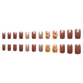 24Pcs Thanksgiving Press on Nails Short Square Brown Glossy Fake Nails Autumn Glitter Design Maple Leaf Acrylic Nails for Women DIY Fall Maple Leaves False Nail Decorations