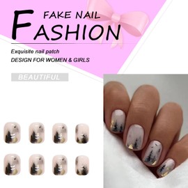 AKOFIC Pack of 24 Press on Nails Short, Square French Artificial Nails, Glue-On Nails with Nail Glue, Square White Nude Acrylic Fake Nails for Women and Girls