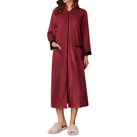 Ekouaer Women Zipper Robe Long Sleeve House Coats Velour Robes Soft Bathrobe with Pockets Nightgown(Red,Medium)