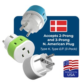 OREI Denmark Power Plug Adapter with 2 USA Inputs - Travel 3 Pack - 1 Type K & 2 Type E/F Safe Grounded Use with Cell Phones, Laptop, Camera Chargers, CPAP, and More