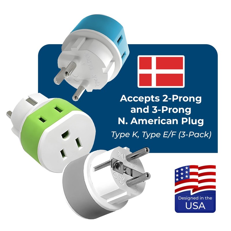 OREI Denmark Power Plug Adapter with 2 USA Inputs -
