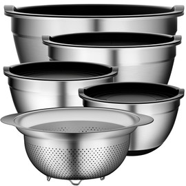 DUTZUN Mixing Bowls with Lids Set, Stainless Steel Mixing Bowls with Colander, Strainer with Mixing Bowl Set, Non-Slip Bottoms, Size 4, 2.5, 2, 1.5QT - Black
