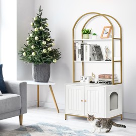 Homhedy Cat Litter Box Enclosure, Litter Box Furniture Hidden with 2-Tier Storage Shelves, Wooden Cat Washroom Furniture with Metal Frame, Modern Style, White and Gold