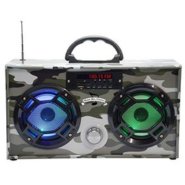 Wireless Express - Mini Boombox with LED Speakers –Retro Bluetooth Speaker w/Enhanced FM Radio - Perfect for Home and Outdoor (Green Camo)