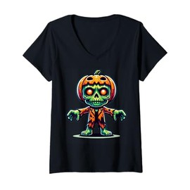 Womens Cute Zombie Pumpkin Cartoon Character For Kids V-Neck T-Shirt
