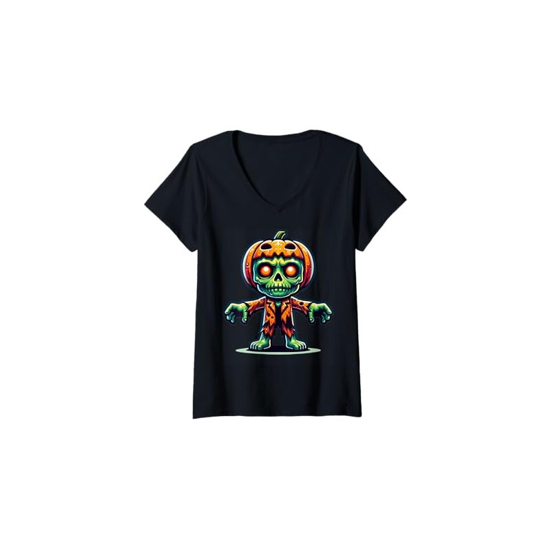Womens Cute Zombie Pumpkin Cartoon Character For Kids V-Neck T-Shirt