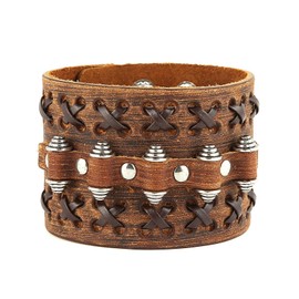 HZMAN Brown Leather Bracelets Men's Leather Cuff Bracelet Adjustable Wide Wristband Bracelet Jewelry Gift