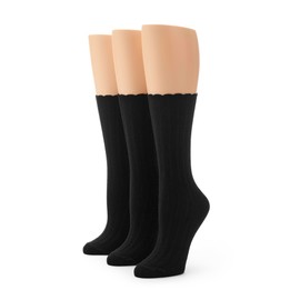 No nonsense Women's Scallop Pointelle Crew Sock, New Black - 3 Pair Pack, 4-10
