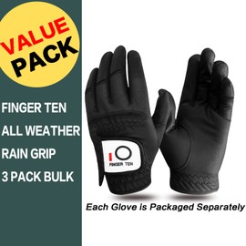 FINGER TEN Mens Golf Glove Rain Grip Value 3 Pack, Black Left Hand Fit Right Handed Golfer, All Weather Durable Grip Size Small (Black, S)