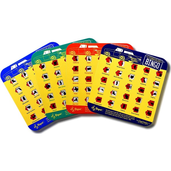 Regal Games Original License Plate Bingo Travel Set, Bingo Cards for Family Vacations, Car Rides, and Road Trips, 4 Pack