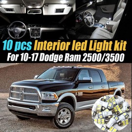 10Pc Super White 6000K Interior LED Light Bulb Kit Pack Compatible for 2010-2017 Dodge Ram 2500/3500