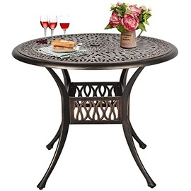 LEISU 35.4'' Patio Bistro Round Dining Table Cast Aluminum Bistro Table with Umbrella Hole Weather Resistant (35.4'' Round Table)