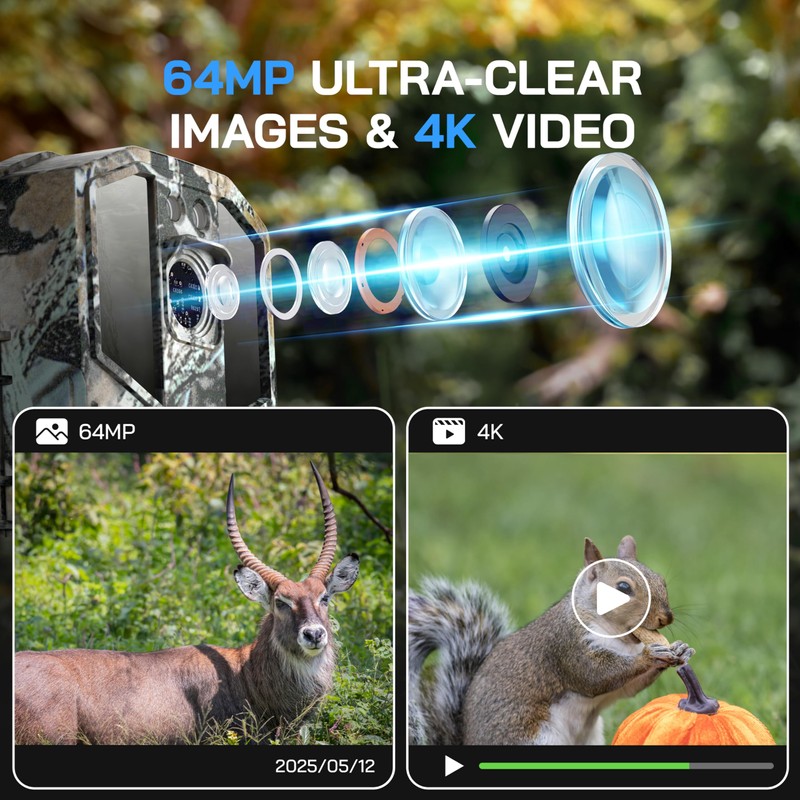 WOLFANG Wildlife Camera 64MP 4K HD, WiFi Bluetooth Trail Camera,