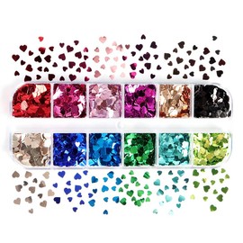 Valentine’s Day Nail Art Glitters Heart Nail Glitter Sequins 12 Grids 3D Holographic Nail Art Supplies Accessories Sparkle Color Heart Love Design Nail Flakes Confetti for Face Hair DIY Decorations