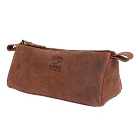 Rustic Town Leather Pencil Case - Zippered Pen Holder Pouch for School, Work & Office (Medium Brown)