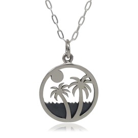 Sterling Silver Palm Trees on Island Cutout Charm Necklace, 18"