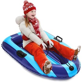 QPAU Inflatable Snow Sled, Heavy Duty Snow Tube with Reinforced Handles, Snow Sleds for Kids and Adults Winter Toys Gifts, Toboggan for Family Outdoor Sledding - Color: Blue