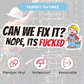 XMJY 3 Pack Funny Hardhat Stickers - Can We Fix It? No, It's Fucked, Cute Cartoon Hard Hat Stickers for Builder, Waterproof Vinyl Stickers for Tool Box, Helmet (6.3 inch)