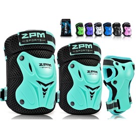 2PM SPORTS Knee Pads for Kids, Wrist Guards Knee and Elbow Pads Set with Drawstring Bag, Protective Gear Set for Girls Boys Roller Skating Cycling Skateboard - Mint Medium