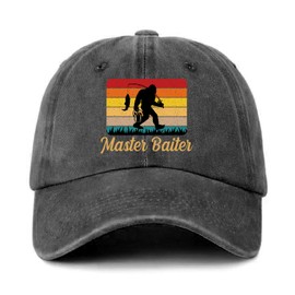 GOSJINNK Funny Bigfoot Fishing Hats Master Baiter Printed Cotton Adjustable Baseball Caps Men's Distressed Washed Black Baseball Hats Trendy Birthday Gifts for Men Dad Grandpa Family Friend Fisher