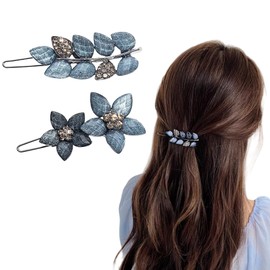2Pcs Crystal Rhinestone Hair Clips Flower Hair Barrette Leaf Hair Clips Bridal Hair Accessory for Women Girls Wedding(Blue)