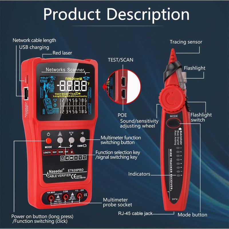 Network Cable Tester Wire Tracker Tone Generator Ethernet Tester Multimeter
