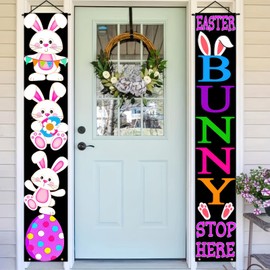 BlissYard Easter Porch Banner Happy Easter Egg Bunny 2 Pieces Porch Banner Front Door Hanging Decoration Supplies for Home Office Farmhouse Holiday Decor Farmhouse Home Outdoor Banner