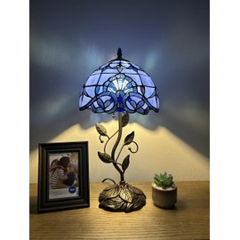 enjoy decor lamps Tiffany Table Lamp Blue Stained Glass Baroque Style Lavender Iron Metal Leaves Bronze Base Included LED Bulb for Living Room Bedroom Bedside 10" W*10" D*20" H