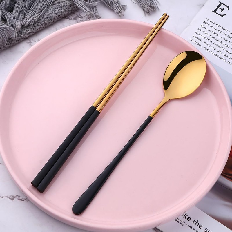 Reusable Korean Chopstick and Spoon Set, Long Handle Stainless Steel