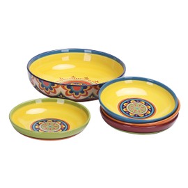 Bico Tunisian Ceramic Pasta Bowl, Set of 5(1 unit 214oz, 4 units 35oz), for Pasta, Salad, Microwave & Dishwasher Safe