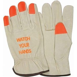 Toledano Industries Hi Vis Leather Work Gloves (Watch Your Hands - Orange Tips) (Extra Large)